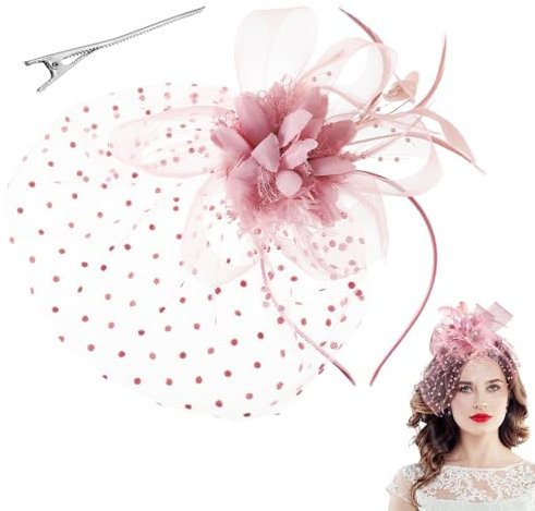 Fascinator Hut Vintage Schleier Hut 1920er Zylinder Hut Damen Hochzeitshut Pillbox Hüte Feder Mesh Gesichtsschleier Hut Tea Party Kopfbedeckung Hochzeit Fascinator für Mädchen Frauen (Rosa)