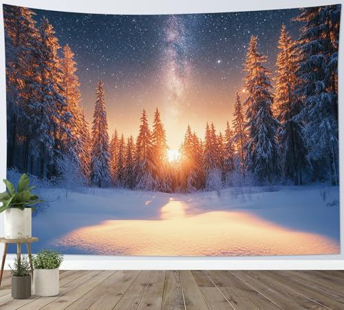 LB Wandteppich Schneewald Wandtuch Winter Berg Suset Am Sternenhimmel Wandbehang Natur Galaxie Landschaft Tapisserie für Wohnzimmer Schlafzimmer Wohnheim Wanddeko,200x150cm
