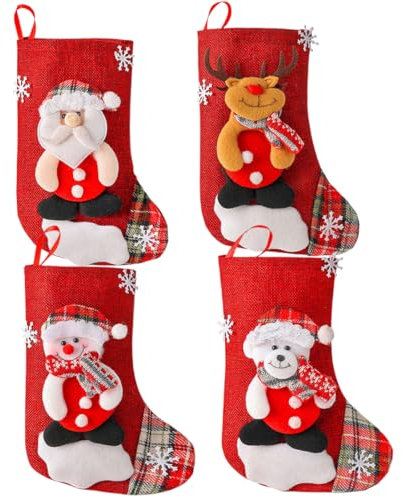 Calze di Natale da Appendere, 4 Pcs Calza Natalizia Set con Babbo Natale, Pupazzo di Neve, Renna, Sacchetto Regalo Calza di Natale, Camino di Natale Appeso Calze per Albero di Natale Festa di Natale