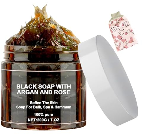Maroc Gommage au Savon,Savon Exfoliant pour le Corps au Savon Noir,Savon Noir Marocain avec Argan et Rose,Deep Cleansing and Softening Skin,200g,Comprend Gant de Douche Exfoliante