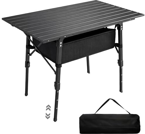 Outsunny Folding Camping Table Height Adjustable Portable 90 x 55 cm Black | Collapsible, 3ft Lightweight, Aluminium Rollup Picnic Table, Storage Basket, for Outdoor Garden Party BBQ