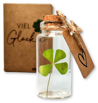 HOLM CRAFT - Amuleto de la suerte | Auténtico trébol de cuatro hojas en botella de cristal con corcho | Pequeño regalo para la suerte | Regalos de animación | Regalos de agradecimiento | Amuleto de la