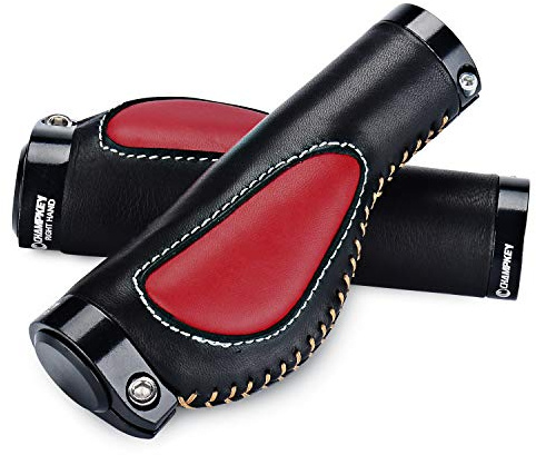 HESHUYAN Fahrradgriffe Fahrradgriff Aluminiumlegierung Lock Ring Leder Integriertes Mountainbike Lenkerbuchse Gehäuse Stoßdämpfung Griffe Fahrradgriffe Ergonomisch(Black red)