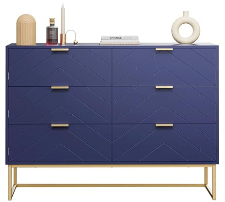 UEV Commode avec 6 Tiroirs 100cm, Meuble de Rangement, Motif de Lignes, Style Scandinave Elégant, pour Salon, Chambre, Salle à Manger, 100x34x73,5cm, Bleu Marine
