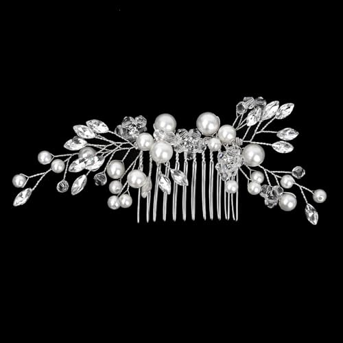 Pearl Bridal Hair Clips with Floral Comb - Adjustable Crystal Wedding Hairpins for Brides, Vintage Rhinestone Headpiece for Women's Updo, Side Hair Accessories for Parties & Special Occasions(Silver)