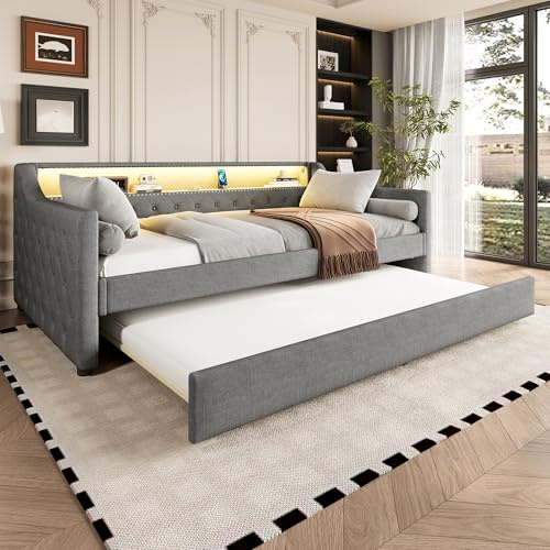 Rvjiahe Daybed 90x200 Schlafsofa Tagesbett mit Lattenrost (ohne Matratze), Ambientebeleuchtung mit Fernbedienung, Bett mit Ausziehbett, USB-Ladebuchse (Grau, 90cm*200cm)