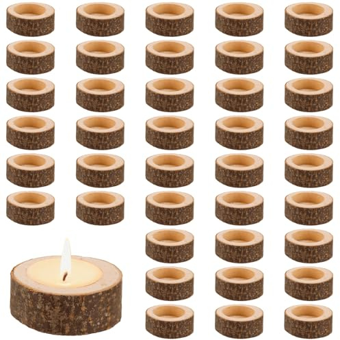 SINJEUN 40 Stück Teelichthalter Holz, 6 x 2,5 cm Kerzenhalter aus Holz Kerzenständer Kerzenleuchter Natur für Hochzeiten, Feste, Partys, Deko
