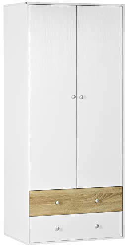 HOMCOM Armario Ropero de Madera, Armario para Ropa con 2 Cajones, 2 Puertas y 1 Barra para Colgar, Estilo Moderno, para Dormitorio, 80x50x180 cm, Blanco y Roble