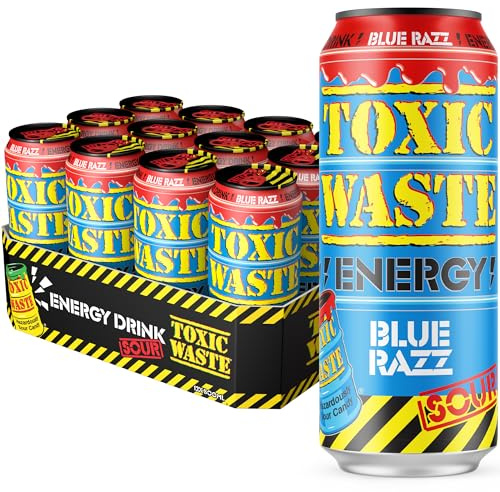 TOXIC WASTE Sour Blue Razz Energy Drink – 12 x 500ml Cans, Tangy Sparkling Fizz with Bold Flavour, Multipack for Gaming, Study, Parties, Road Trips and Fun Sharing