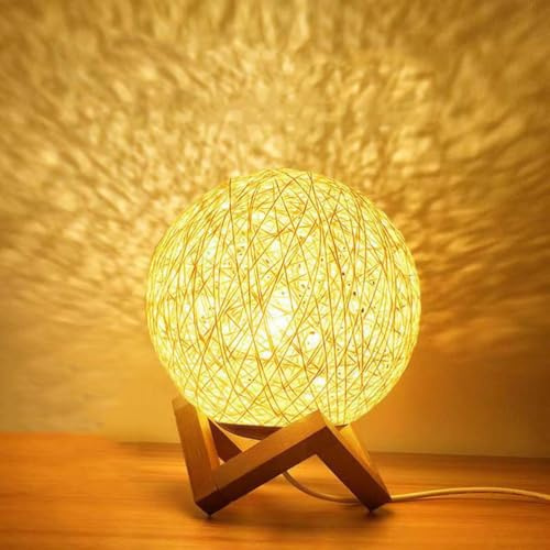 OOWDMPE Kugel LED Tischleuchte mit Kabel und USB Stecker Vintage Boho Tischlampe Rattan Lampenschirm Acryl Base Retro Nachtlampe Dekorative Kleine Lampe 3000K/4000K/6000K für Wohnzimmer Schlafzimmer
