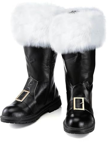 Christmas Santa Claus Boots for Men UK, Solid-Colour Mid-Calf Boots with White Plush & Side-Zip Wide Calf Combat Christmas Boot Fancy Dress Costume Footwear for Christmas Halloween Cosplay