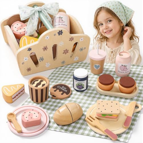 Wooden Picnic Basket Toy Set for Kids Play Food, Headscarf & Triangle Scarf