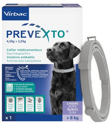 Virbac Prevexto Collier Anti-Puces et Tiques pour Chien >8 kg (70 cm) | Collier antiparasitaire pour chien. Protection jusqu'à 8 mois* | Puces, Tiques, Phlébotomes; Réduit le risque de leishmaniose