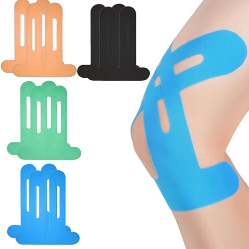 WUMZIRA 8 Pcs Cinta Kinesiológica Deportiva, Vendaje Neuromuscular para Alivio Muscular y Soporte de Rodilla, Tiras Kinesiologicas de 25x22cm para y Fisioterapia, 4 Colores