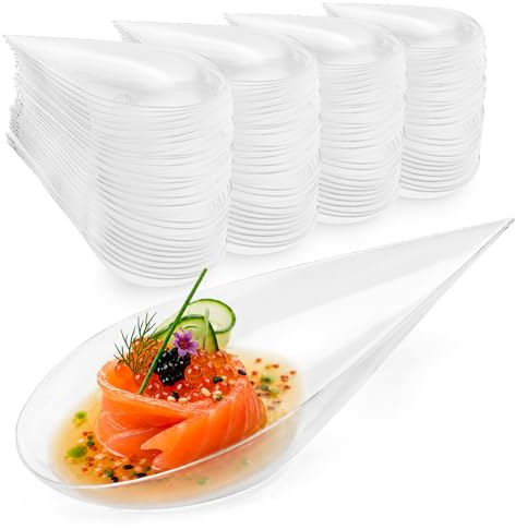 Majillux 100 Cucharas Lágrima Transparentes para Catering y Degustación | Plástico Rígido | Apto para Contacto Alimentario | Punta Alargada | Para Tapas, Canapés y Preparaciones Frías