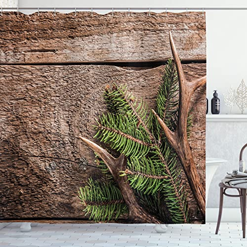 Ambesonne Antlers Shower Curtain, Evergreen Branch Deer Antler Against Rustic Wooden Background Print, Cloth Fabric Bathroom Decor Set with Hooks, 69 W x 84 L, Fern Green Umber