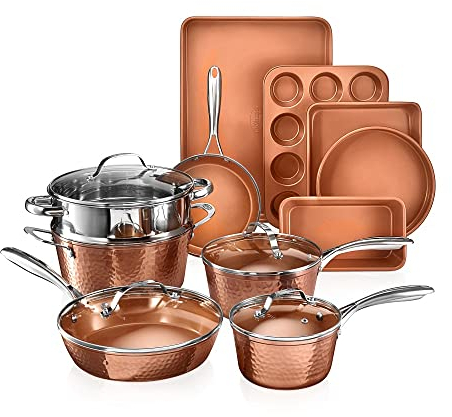 Gotham Steel Hammered Copper Collection — 15-teiliges Premium-Koch- und Backgeschirr-Set mit Antihaftbeschichtung, Aluminiumzusammensetzung — beinhaltet Bratpfannen