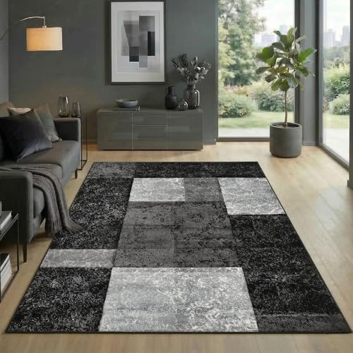 Carpetsale24 Teppich 160x230 cm Kurzflor Konturenschnitt in Schwarz Grau Weiß Kariertes Design, Waschbar, Pflegeleicht, Extra Weich Für Wohnzimmer, Esszimmer, Schlafzimmer