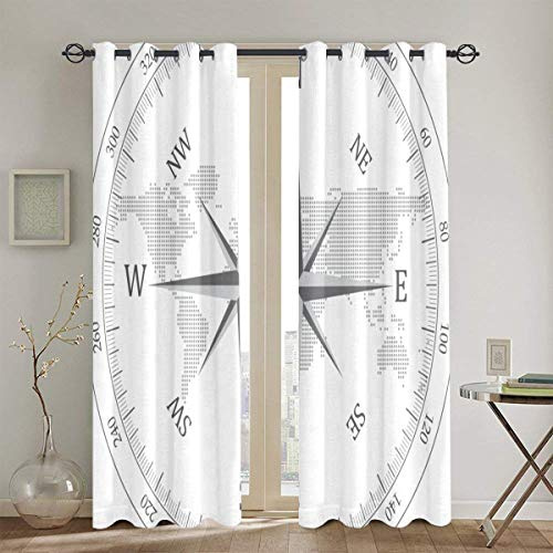 MAYUES Vorhang Blickdicht,Kompass Illustration Weltkarte Maritime Seaman Life Equipment Monochrom,Wärmeisolierend Gardine 2er Set 130cmX210cm