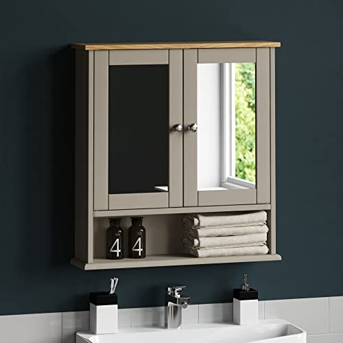Bath Vida Priano Double Door Bathroom Cabinet, Wood, Grey & Oak, Mirrored Wall Mounted Storage Furniture