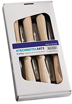 JeCo Stechbeitel Beitel-Satz - mit Weißbuchenheft - Inhalt 6-teilig 6/10/12/16/20/26mm Klingenbreite - Artikel aus CV-Stahl - Im Karton