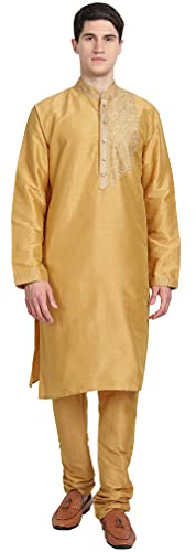 SKAVIJ 2 Pièces Kurta Pyjama - Robe De Fête Porter - Costume pour Homme Or_S