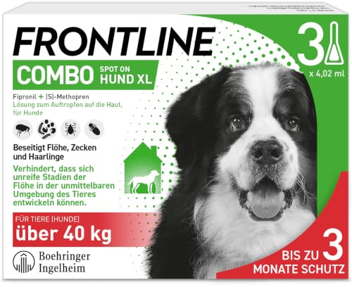 FRONTLINE Combo Hund XL gegen Zecken, Flöhe & Haarlinge (über 40 kg) | 3x Pipetten für bis zu 3 Monate Schutz - auch gegen Floheier, Larven & Puppen im Haushalt - wasserfest - für große Hunde