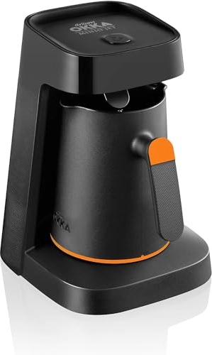 Arzum Okka MINIO JET Türkische Kaffeemaschine, 400 W, 5 Tassen Kapazität, Überlaufschutz, Akustisches Warnsystem, Türkische Kaffeekanne, Schwarz/Orange