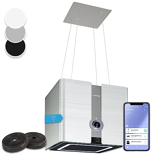 Klarstein Futurelight Smart - Cappa Aspirante, Funzione di Ricircolo con una Potenza Aspirante di 420m³/h, Cappa a Isola con Illuminazione a LED, Acciaio Inox, Argento