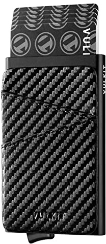 VULKIT Kartenetui Herren RFID Schutz mit Leder Fach Slim Pop Up Kreditkartenetui Metall Mini Geldbörse Herren für 5-9 Karten, Kohlefaser