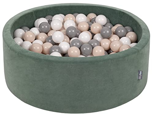 KiddyMoon Rund Bällebad Velvet Bällepool 90X30cm/200 Bälle ∅ 7Cm Ballgruben Für Babys Spielbad Kleinkinder, Hergestellt In Der EU, Waldgrün: Pastellbeige/Grau/Weiß