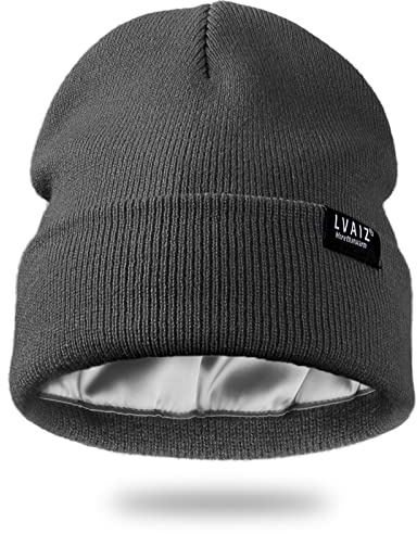 Satin fodrad vintermössa hattar för kvinnor unisex bomull stickad stickad stickad mössa med silkeslent foder slouchy skalle mössa, GRÅ, one size