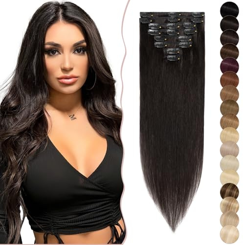 SEGO Extensions Clip i hårförlängning, äkta hår, hårstycken, 8 delar, set med hårdel, 100 % människohår, mjukt silkeslent tunt slätt natursvart #1B 20 tum (50 cm)– 70 g