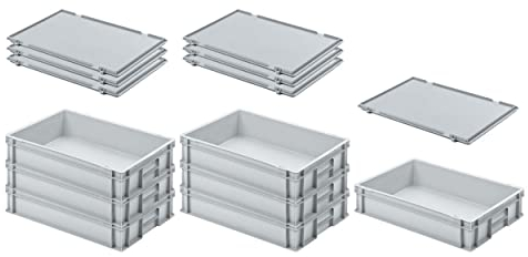 PROREGAL SuperSparSet 8x Eurobehälter mit geschlossenem Griff & Scharnierdeckel | HxBxT 12x40x60cm | 21 Liter | Grau | Eurobehälter Transportbox Transportbehälter Stapelbehälter