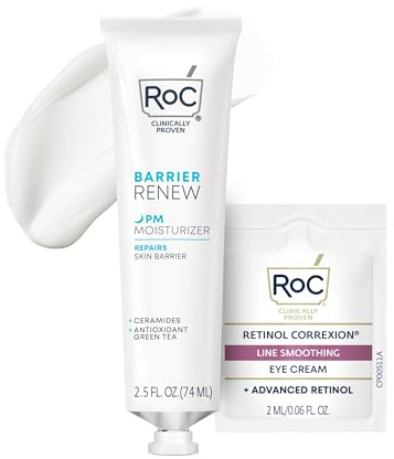 RoC Barrier Renew Night Moisturizer with Ceramides & Antioxidant Green Tea and Lipo Peptides to Renew Skin Barrier, (2.5 oz) with Retinol Eye Cream Packette