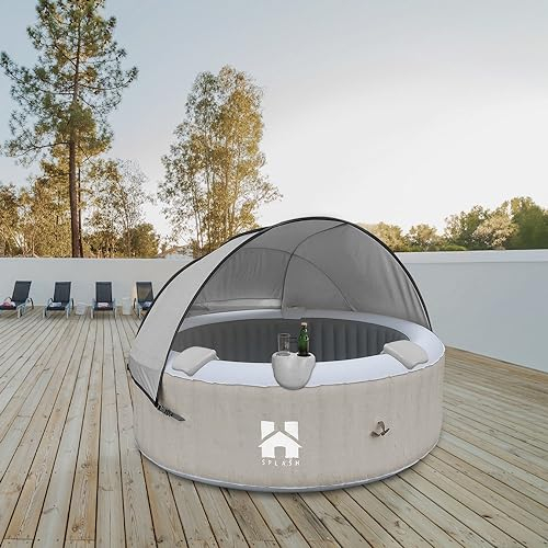 Home Deluxe - Outdoor Whirlpool - Splash + Kissen, Getränkehalter und Sonnendach - Farbe: Beige - ⌀ 208 cm, 130 Luftdüsen - inkl. Abdeckung, Reparaturset, Filterset I Außen Spa für 6 Personen