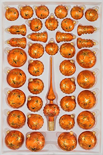 39 TLG. Glas-Weihnachtskugeln Set in Ice Orange Gold Goldener Stern - Christbaumkugeln Set - Weihnachtsschmuck-Christbaumschmuck