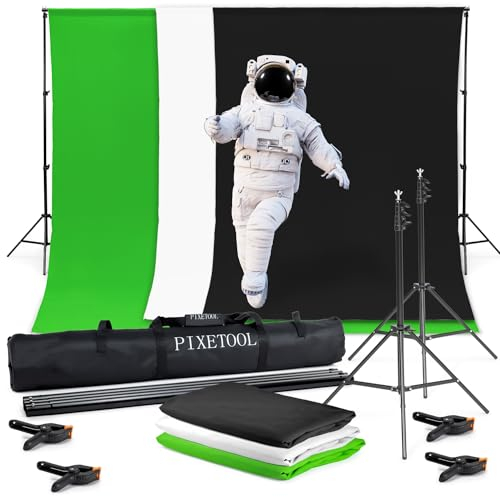 PIXETOOL Fond Vert (1,8 x 2,8 m) avec Support (2 x 2 m) - Toile de Fond Photo - Kit Studio Photo - Accessoires pour Video Photographie Streaming Gaming Jeu - Green Screen - Toiles de Fond