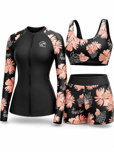 Holipick Orange Floral Long Sleeve Swimsuits for Women - 3 Piece Rash Guard with Shorts Zipper SPF Swim Shirt with Built in Bra L