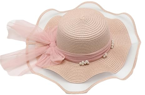 HUTIANSN Damen Sommer-Strohhut,Faltbare Strandmütze Strohhut mit Breiter Krempe, Fischerhüte Kappe, mit Schleife für den Urlaub (Rosa)
