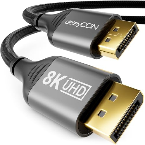 deleyCON 2m 8K DisplayPort-Kabel (8K@60Hz 4K@165Hz 2K@360Hz) UHD WQHD HDR HDCP 2.2 DisplayPort - AMD FreeSync NVIDIA G-Sync - Idealisk för Spelmonitorer och Display Port - Grå Svart