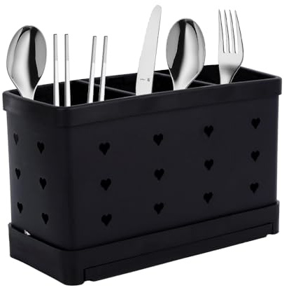 Hojalis Utensil Holder, Countertop Cutlery Drying Holder with 3 Compartments, Stainless Steel Cutlery Drainer, Kitchen Storage Utensils Organiser for Flatware, Forks, Knives, Spoons (Black)