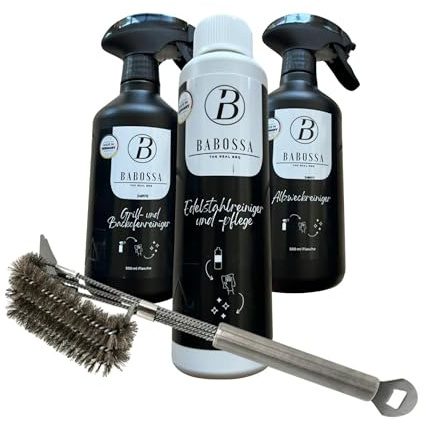 BABOSSA Grillreiniger Set 4-teilig | Edelstahl Grillbürste + Grill- und Backofenreiniger [500ml] + Edelstahlreiniger [250ml] + Allzweckreiniger [500ml] | Effiziente Reinigung & Pflege für jeden Grill