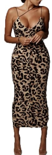 BSLVWG Damen Sexy Asymmetrische Spaghetti Strap Kleid Damen Tief V-Ausschnitt Ärmellos Leopard Bodycon Midi Club Kleid Party Kleid (DE/NL/SE/PL, Alphanumerisch, S, Regular, Regular, Leopard)