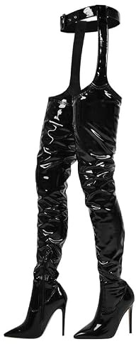 blingqueen Damen Overknee Chaps Stiefel Stiletto High Heels | Spitze Zehen, Chap Boots Metallic, Lack Glatt Optik, mit Reißverschluss, für Festivals, Cosplay oder auffällige Streetwear