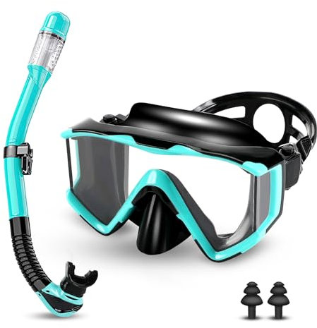 Schnorchelset Erwachsene,Taucherbrille Erwachsene mit Dry Schnorchel, wasserdichte Tauchmaske Anti-Fog Anti-Leck,Mit gehärteter Glaslinse, Schnorchelsets für Schnorcheln und Tauchen (Schwarz/Grün)