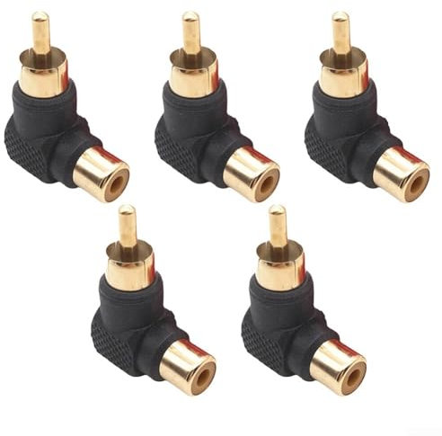 Hasaller Gold-Plated RC-A Right Angle Adapter 5Pcs L-Shape Male to Female Audio Connector 90-Degree Elbow for HDTV DVD Players Game Consoles Satellite Boxes Subwoofers Receivers
