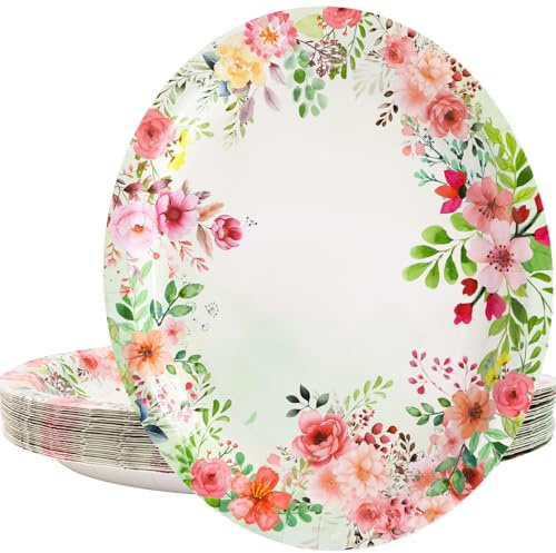 Fancy Land Spring Oval Paper Plates Large Floral Disposable Serving Plate Flower Tableware Platters for Party Decoration favor Mother's Day Dinnerware Supplies 24Pcs