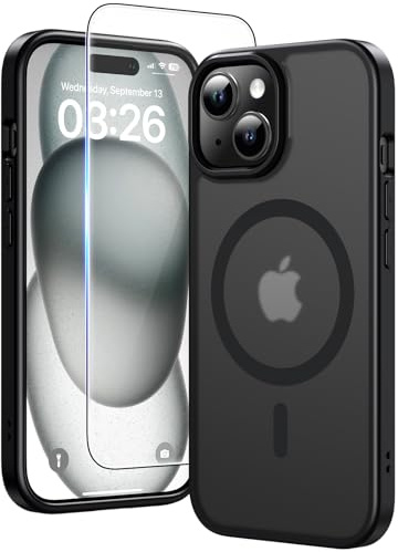 TAURI für iPhone 15 Hülle 6,1 mit Schutzfolie - Matt Schwarz | Kompatibel mit MagSafe, Schutz nach Militärstandard, [Anti-Vergilbung] Stoßfest Magnetisch Handyhülle