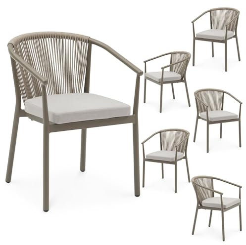 IDIMEX Gartenstuhl TAVOLO 6er Set, Champagner – wetterfestes Aluminiumgestell mit Rope-Rückenlehne und Sitzkissen, stapelbar pflegeleicht modern Gartensessel Outdoor